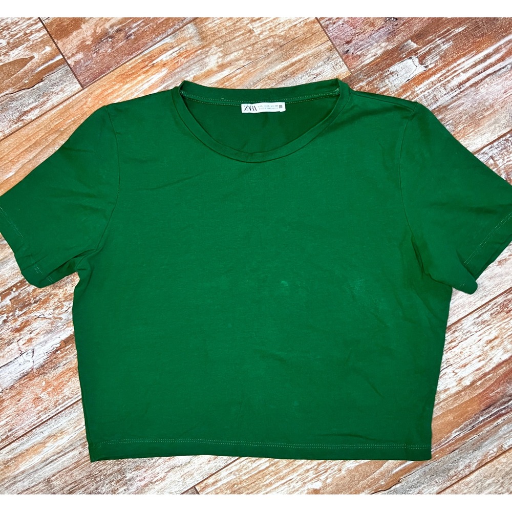 Zara Womens‎ Forest Green Short Sleeve Crew Neck Crop Top Tee Size Large